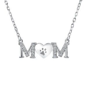 Silver 925 Rhodium Plated Clear Cubic Zirconia Mom with Paw Heart Necklace